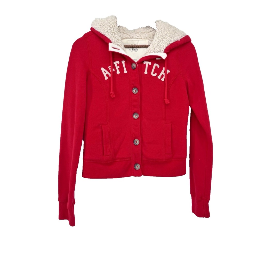 Abercrombie & Fitch Women's Red Sherpa Lined Button Hoodie Jacket Y2K S